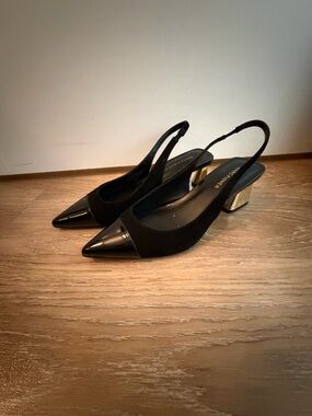 Marc Fisher Black Slingback Pointed-Toe Mules with Gold Block Heel